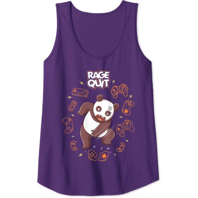 a purple tank top with an angry panda in the middle of an array of gaming controllers