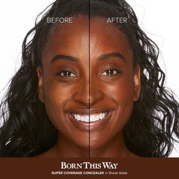 model before and after from using the born this way concealer - the after side looks even toned, smooth, and radiant