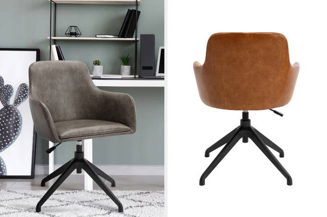 Gray leather chair with height adjusting handle and black legs on a square carpet in front of a desk, back-view of product in brown