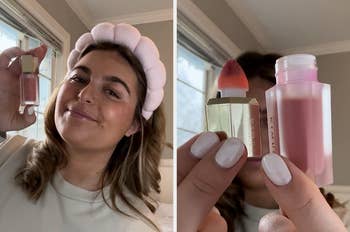 Reviewer holding the pink applicator for the blush and wearing it 