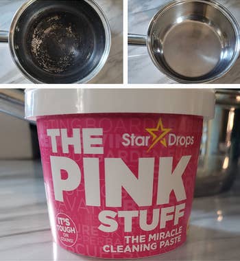 reviewer photos showing a dirty pan on the top left, the same pan looking spotless on the top right, and a tub of the pink stuff on the bottom
