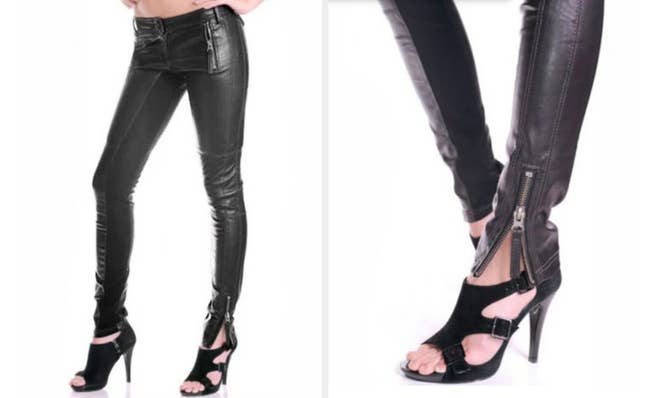 collage of front and zipper detail closeup of model wearing black leather biker jeans