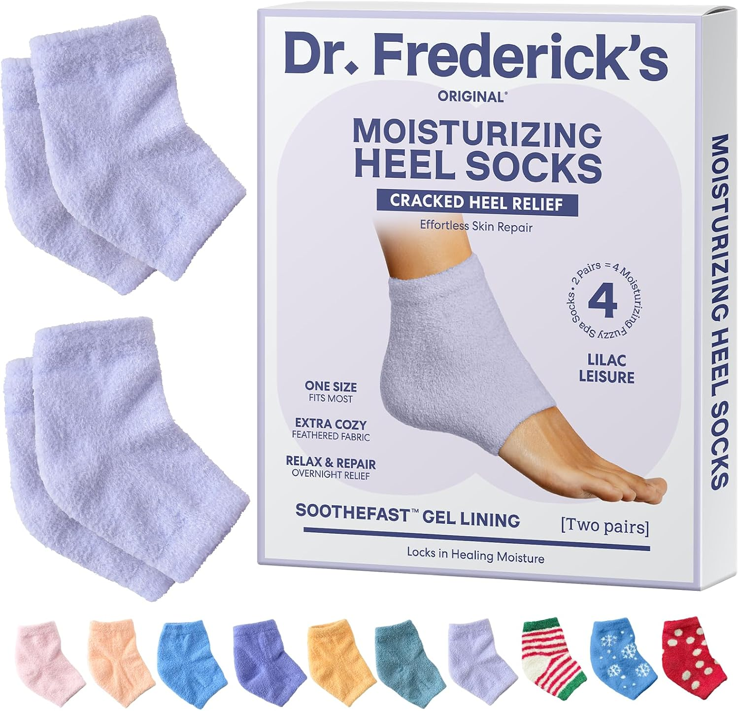 Box of Dr. Frederick's Original Moisturizing Heel Socks with socks successful  assorted  patterns. Promotes cracked bottommost   alleviation  and comfort