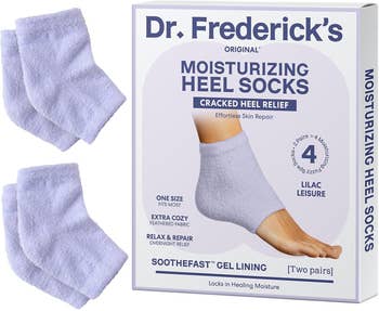 Box of Dr. Frederick's Original Moisturizing Heel Socks with socks successful assorted patterns. Promotes cracked bottommost alleviation and comfort
