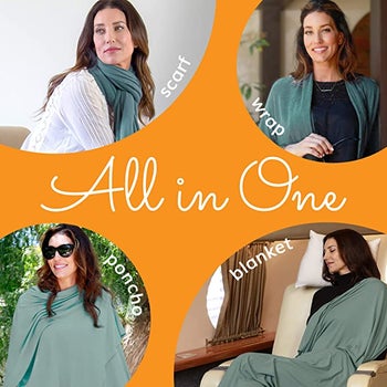 Images showing a model wearing the shawl as a scarf, wrap, poncho, and blanket