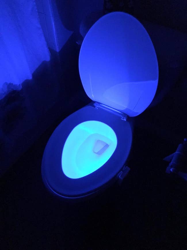 a reviewer photo of a glowing blue toilet