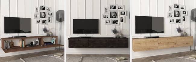 Image of brown, black, and light brown TV stands
