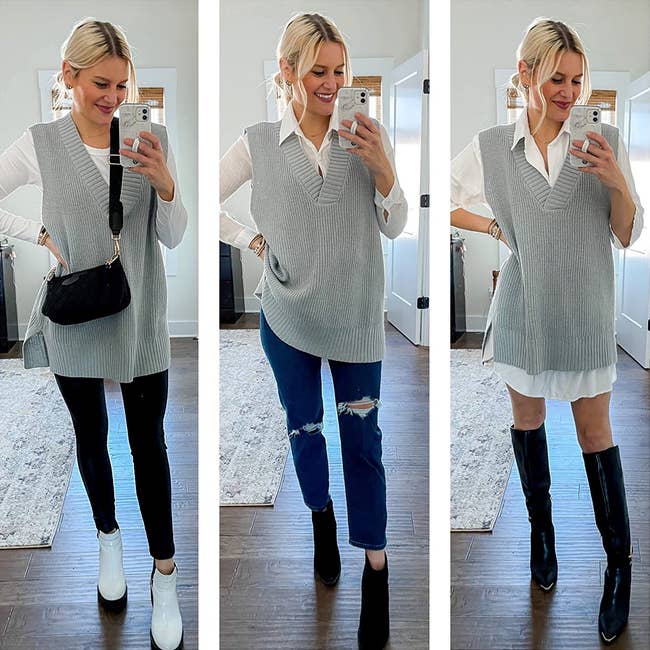 person wearing the gray vest in three different ways