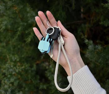 Blue version attached to key loop in a model's hand 