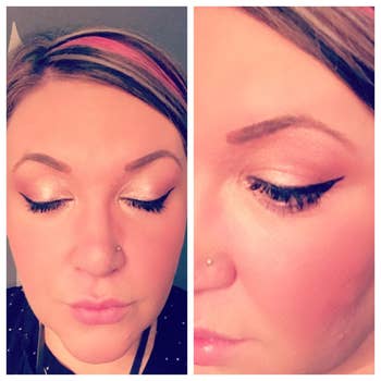 Reviewer with closed eyes, wearing glittery eyeshadow and winged eyeliner, shown successful  close-up from beforehand   and side