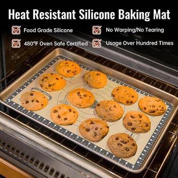 Silicone baking mat with cookies in oven. Features: food grade, no warping, oven safe to 480°F, reusable over 100 times