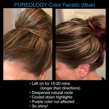 reviewer infographic and before and after showing their dull, brassy hair and then their healthy colored hair from using the top coast