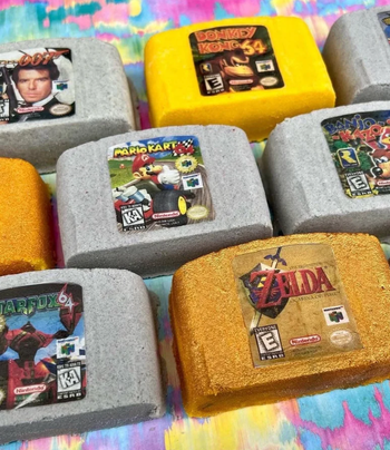 bath bombs shaped like classic nintendo cartridge games