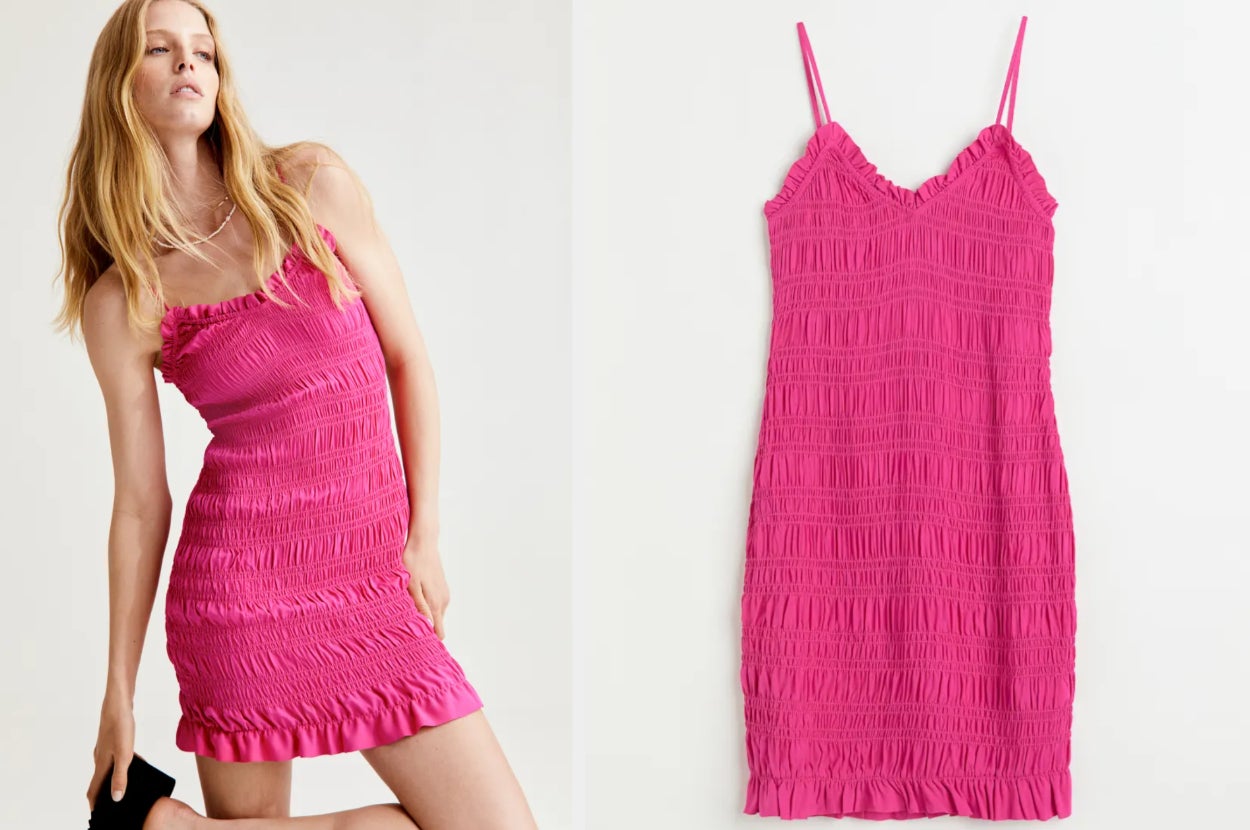 Model wearing bodycon smocked hot pink mini dress with ruffled edging and black shoes, product laying flat with spaghetti straps on a white background