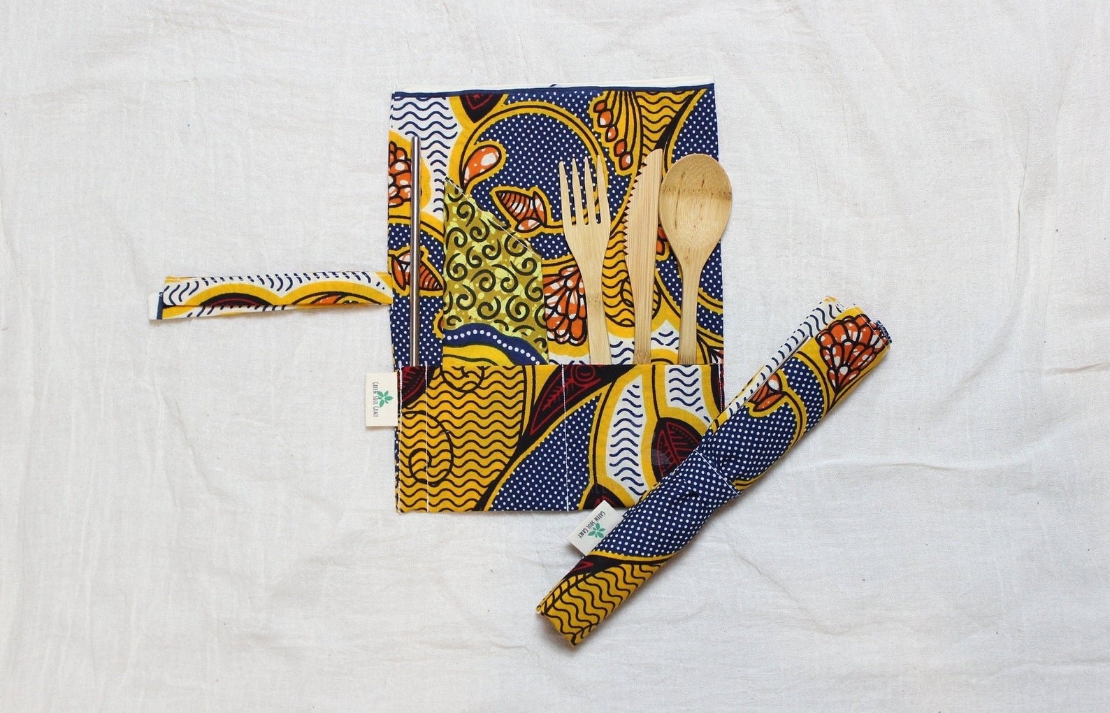 the reusable bamboo cutlery set and ankara fabric pouch