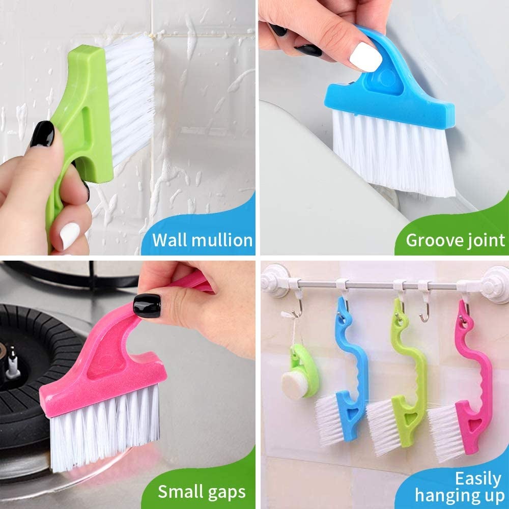 four side by side images of the brush being used to clean several surfaces
