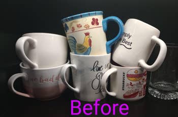 Stacked java mugs with assorted designs and text, labeled