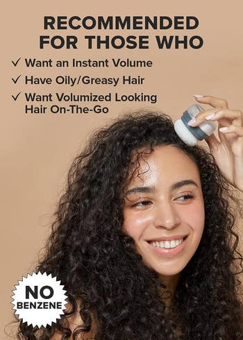 A model tapping the puff applicator on their curly hair