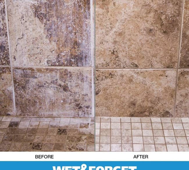 Side-by-side comparison of dirty and clean tiled floor as a result of using the Wet and Forget clean