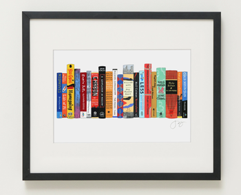 horizontal print of books in a black frame