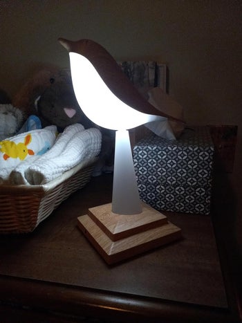 reviewer's bird-shaped lamp with illuminated body on a wooden base, placed on a shelf near a basket and plush toys