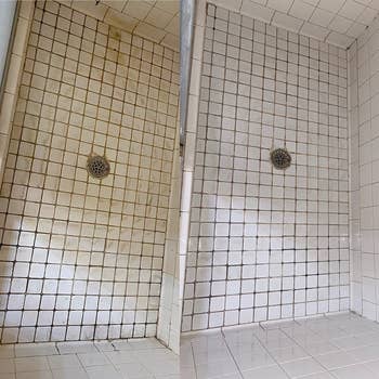 Reviewer before and after pic of the bathroom tile cleaned