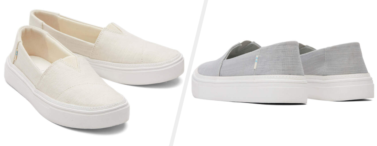 Two images of ivory and gray sneakers