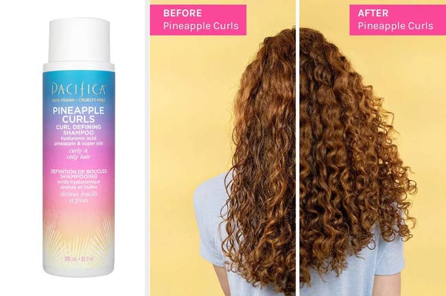 Blue, purple, pink, orange, and yellow ombre bottle of curl shampoo on a white background, model's brown curly hair before and after using product on a yellow background