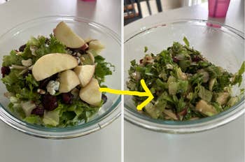  1  with full   ingredients similar  pome  slices and nuts, the different   mixed with a yellowish  arrow pointing from the archetypal  to the second