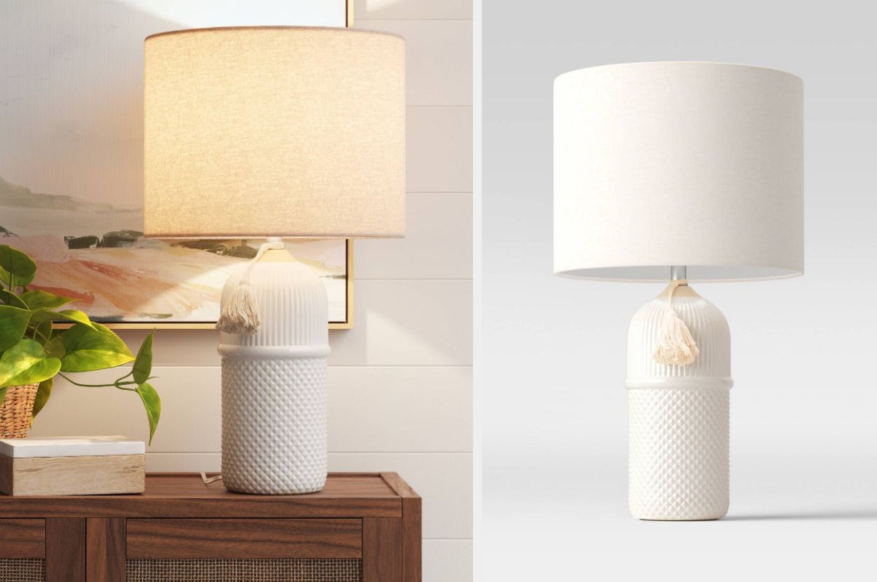 collage of lifestyle image and product image of white lamp