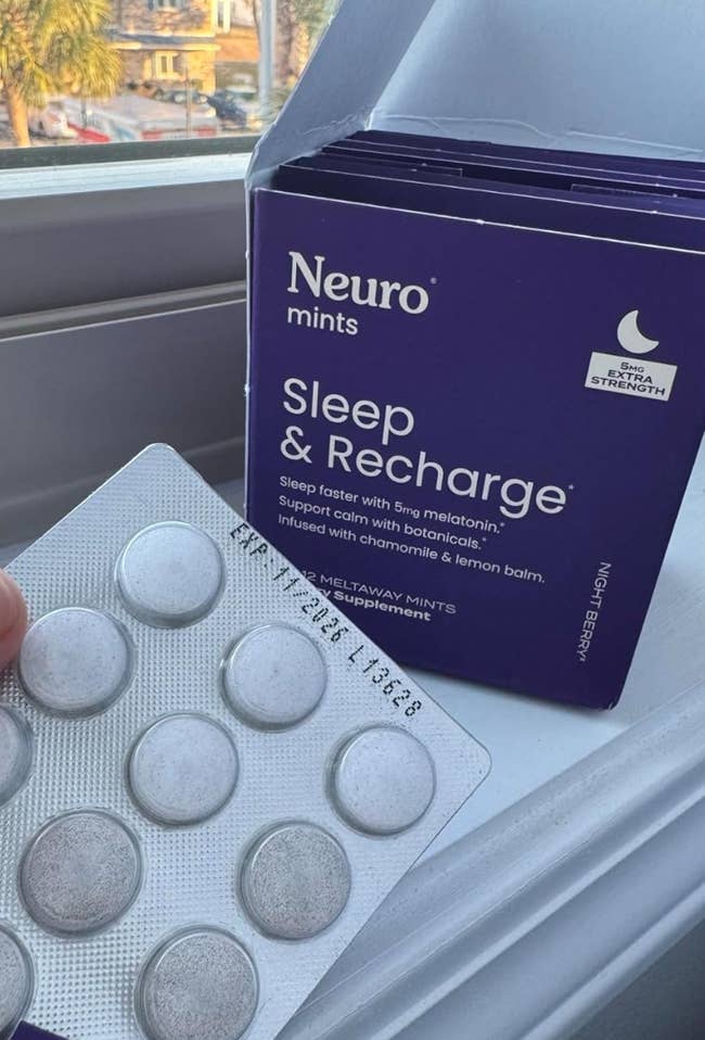 Package of Neuro Sleep & Recharge mints with blister pack, promoting accelerated  slumber  enactment    with melatonin, chamomile, and citrus  balm