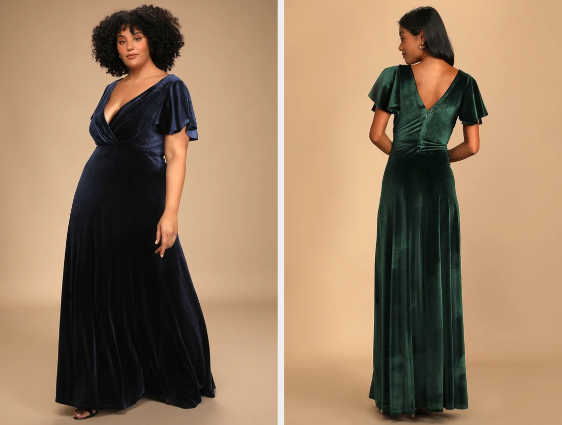 Two images of models wearing navy and green dresses