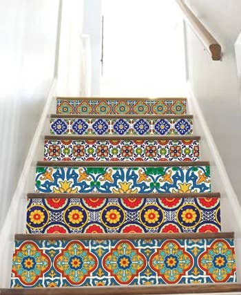 the colorful spanish tile decals applied to a staircase