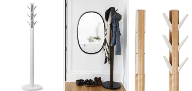 Three images of white, black, and light brown coat racks