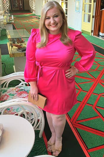 reviewer wearing the pink dress with tan heels