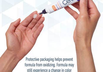 Model applying CeraVe vitamin C serum to finger