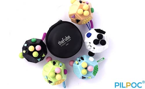 Different colored options of fidget cube and black carrying case