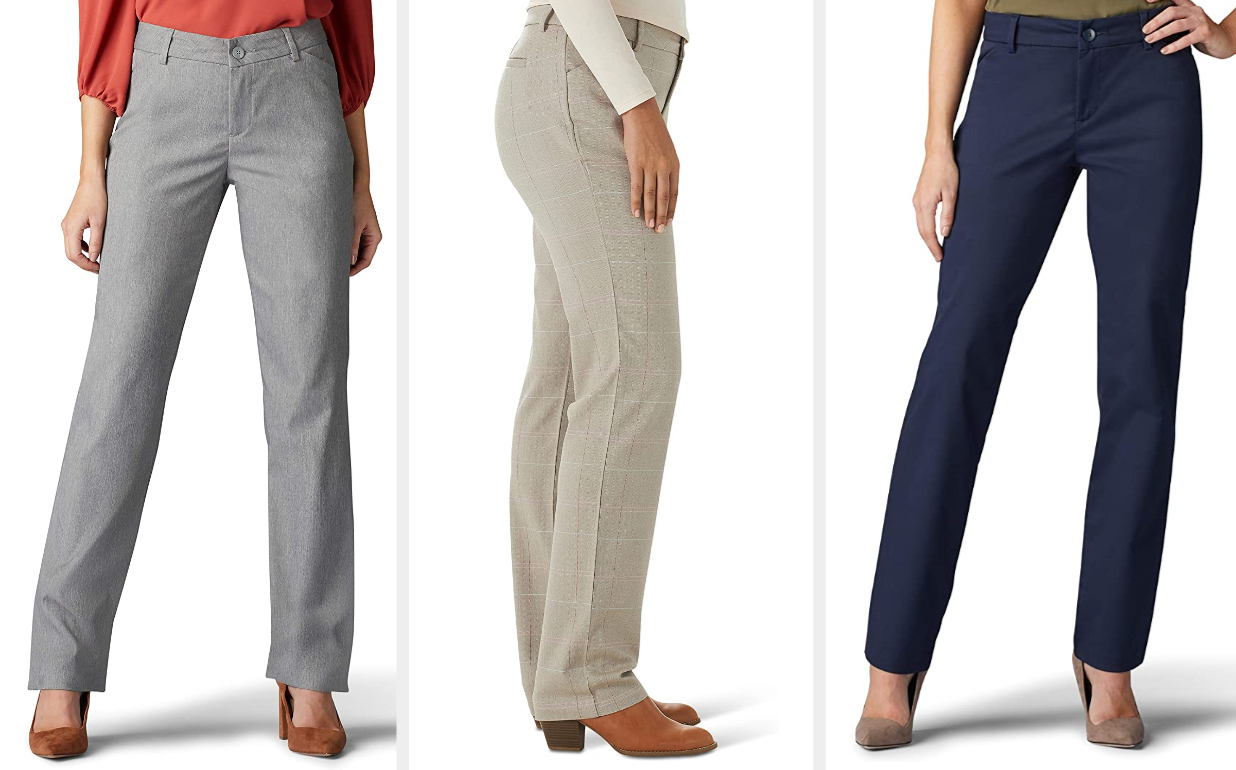 Three images of models wearing gray, beige, and navy pants