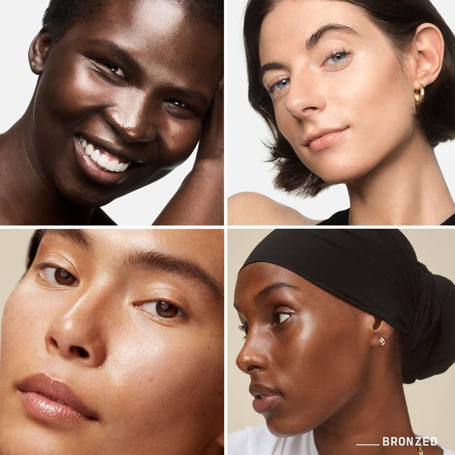 Four models with different skin tones wearing the subtle bronze glow on their face 