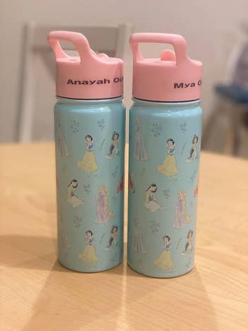 two water bottles with disney princesses on them