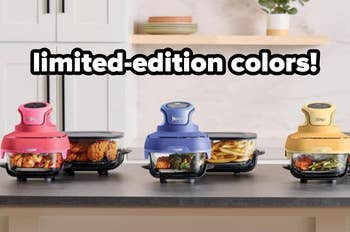 Four compact room  appliances successful  pink, blue, and yellow, each   with nutrient  inside, are displayed connected  a counter. Text supra  reads 