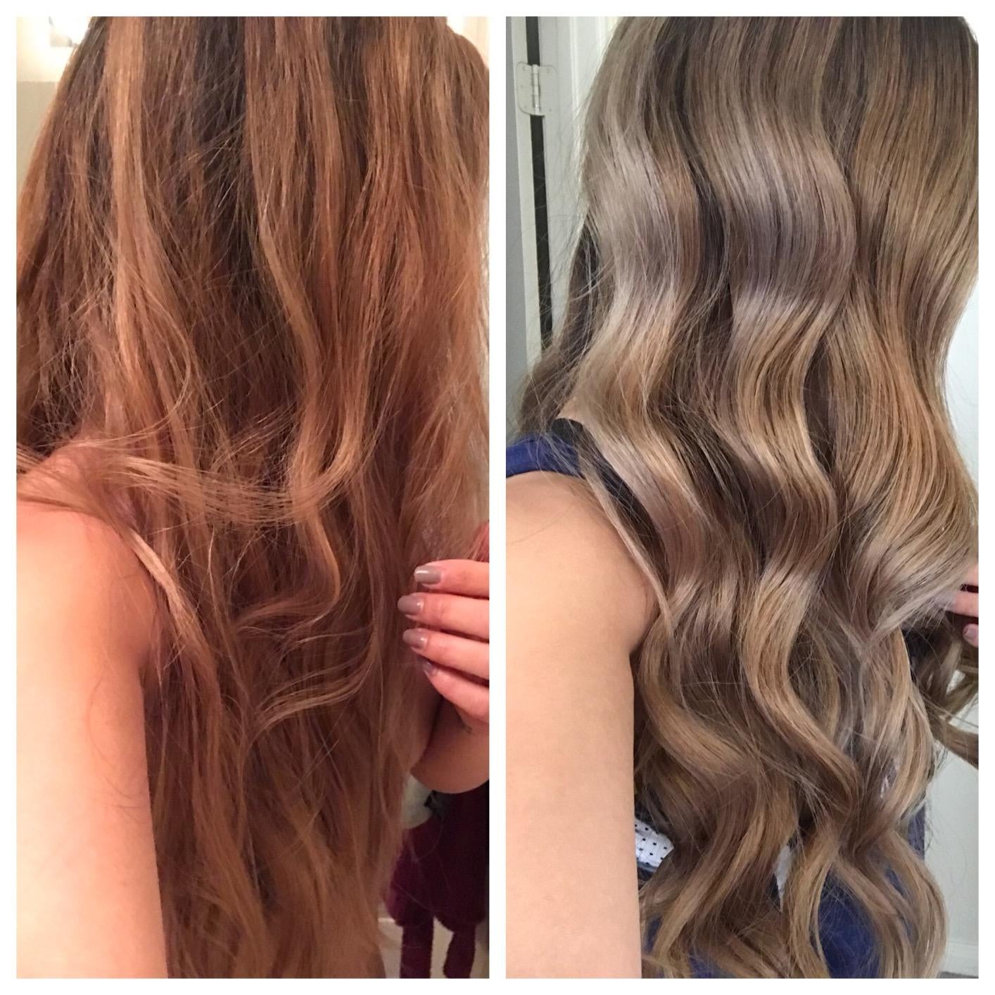 before and after images of a reviewer's orange and brassy hair becoming even and blonde