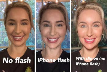 reviewer pics with no flash, with iPhone flash, and with clip on light — clip on light has best lighting