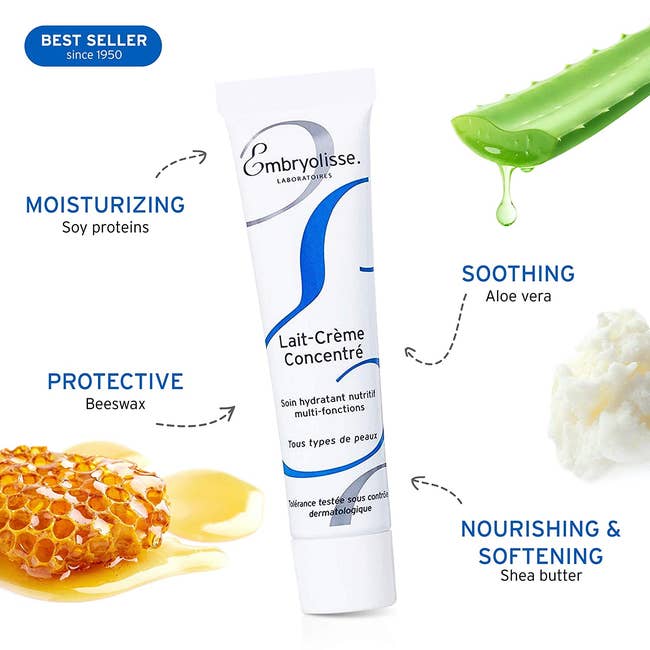 the tube of cream, with moisturizing soy proteins, soothing aloe vera, softening shea butter, and protective beeswax