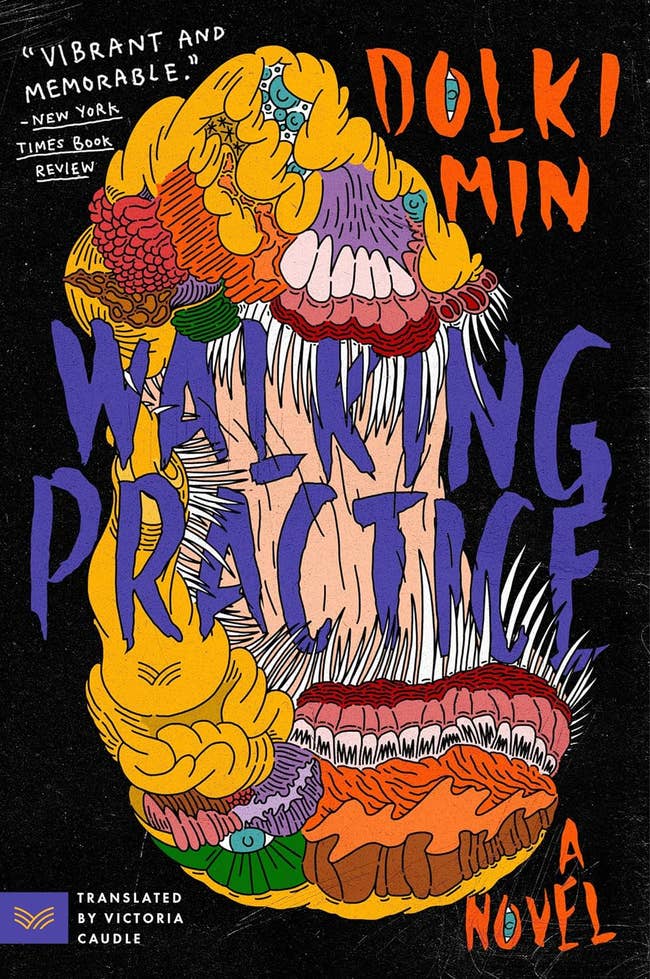 Cover of 'Walking Practice' by Dolkri Min, featuring an illustrated open-mouthed face with a colorful, abstract design