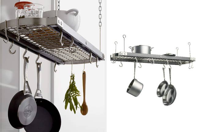 Silver hanging shelf with pots attached to hooks and glassware on attached shelf, product with pots hanging and on shelf on a white background