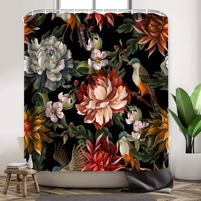 the black boho floral shower curtain