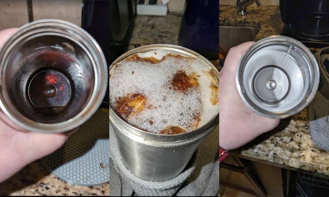 Three-part representation showing a metallic java filter handbasket with residue, a instrumentality with java grounds and foam, and a shiny, cleanable java filter basket