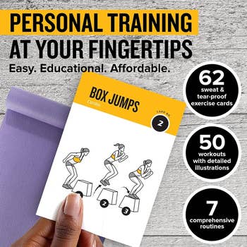 Hand holding exercise card for box jumps, promoting a fitness training set with 62 cards, 50 workouts, and 7 routines aimed at easy and affordable exercise