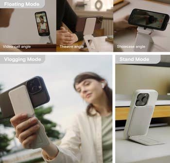 A multi-angle phone stand with usage examples: video calling, theater viewing, showcasing, vlogging, and standing modes